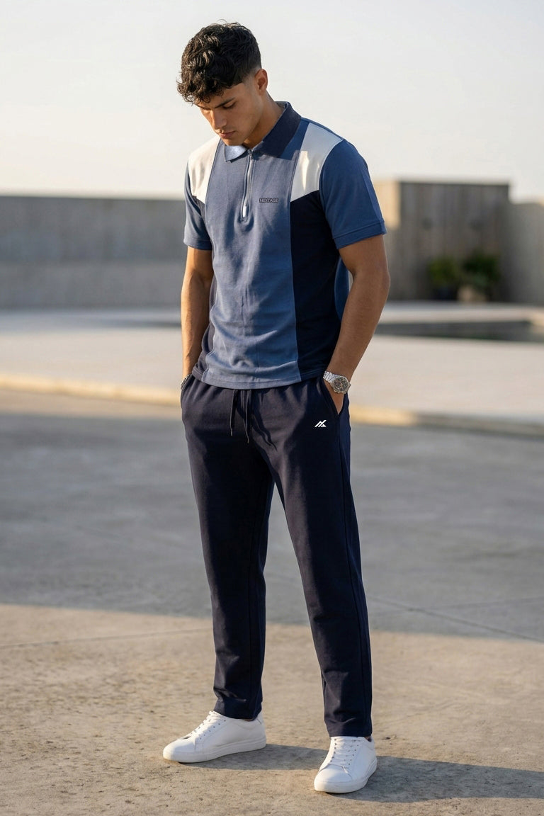 Navy Color Block Zip Neck Polo Tracksuit