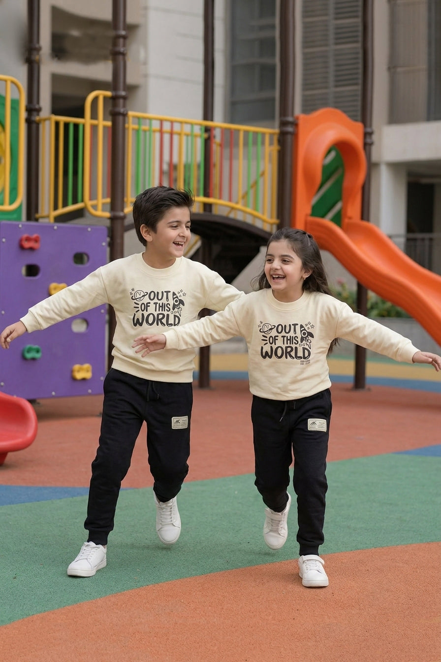 Nextage Kids Black Cream Printed Tracksuit