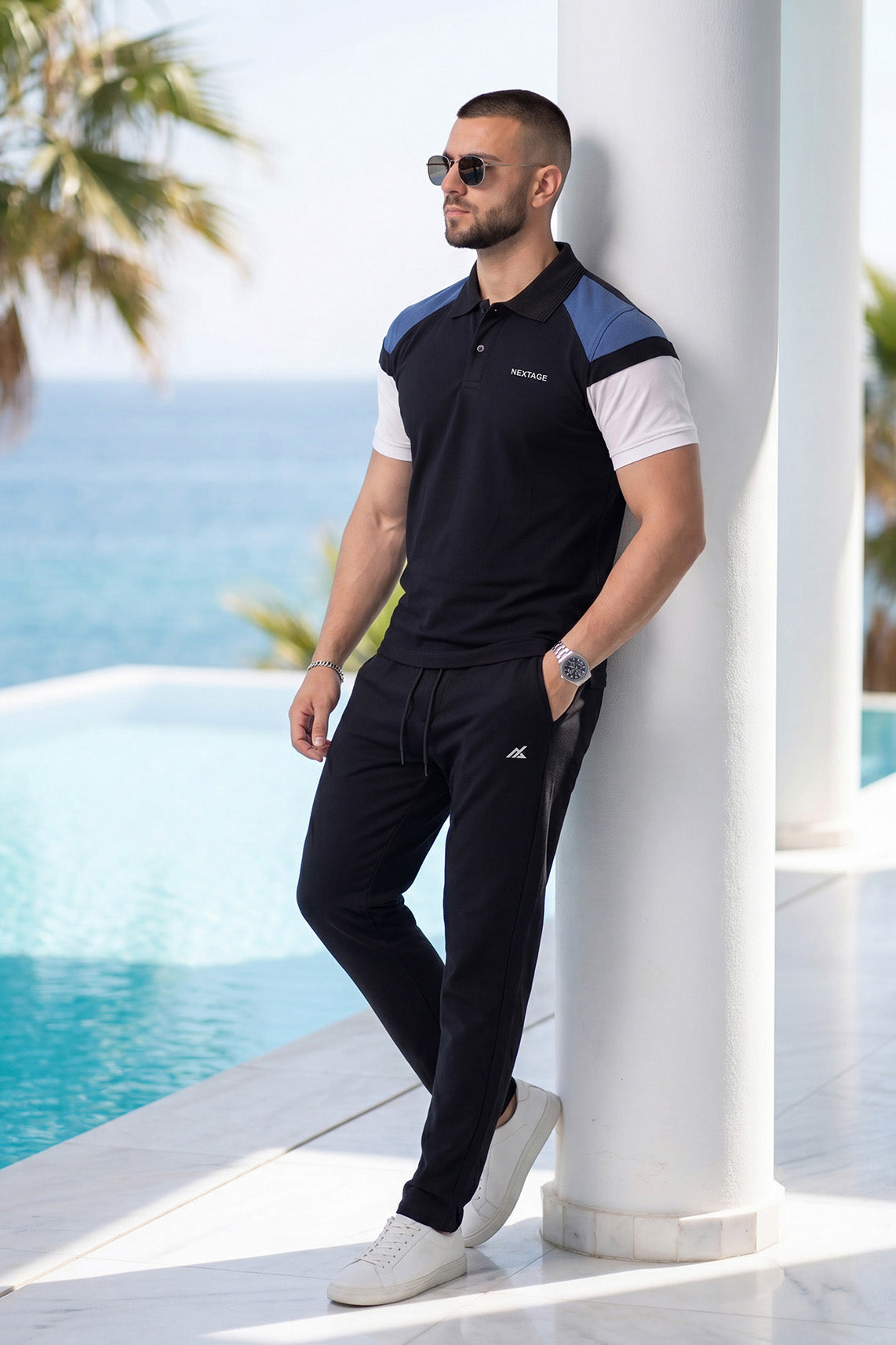 Black Navy Contrast Polo Summer Tracksuit
