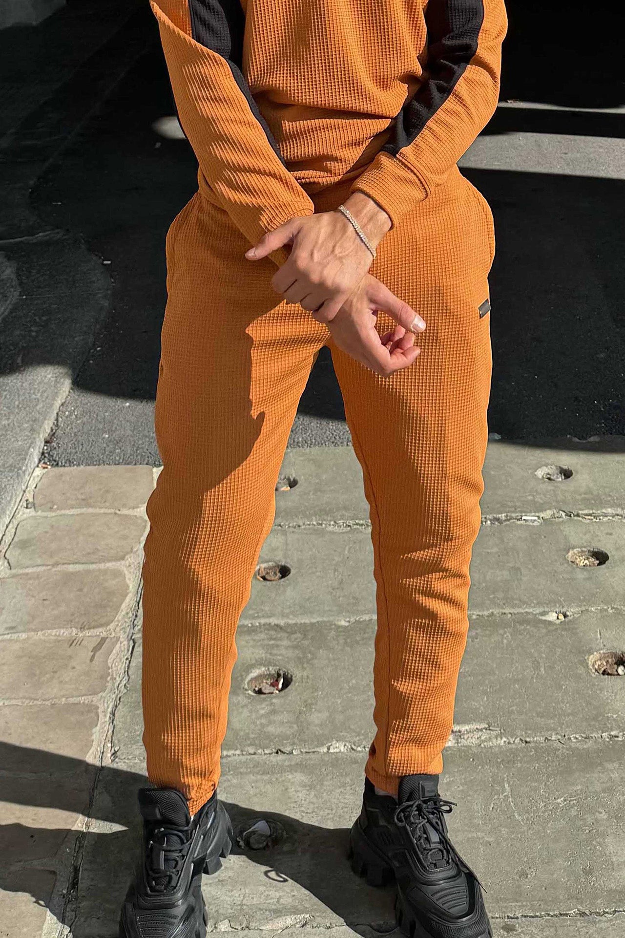 Nextage Tan Textured Metal Slogan Slim Fit Trouser