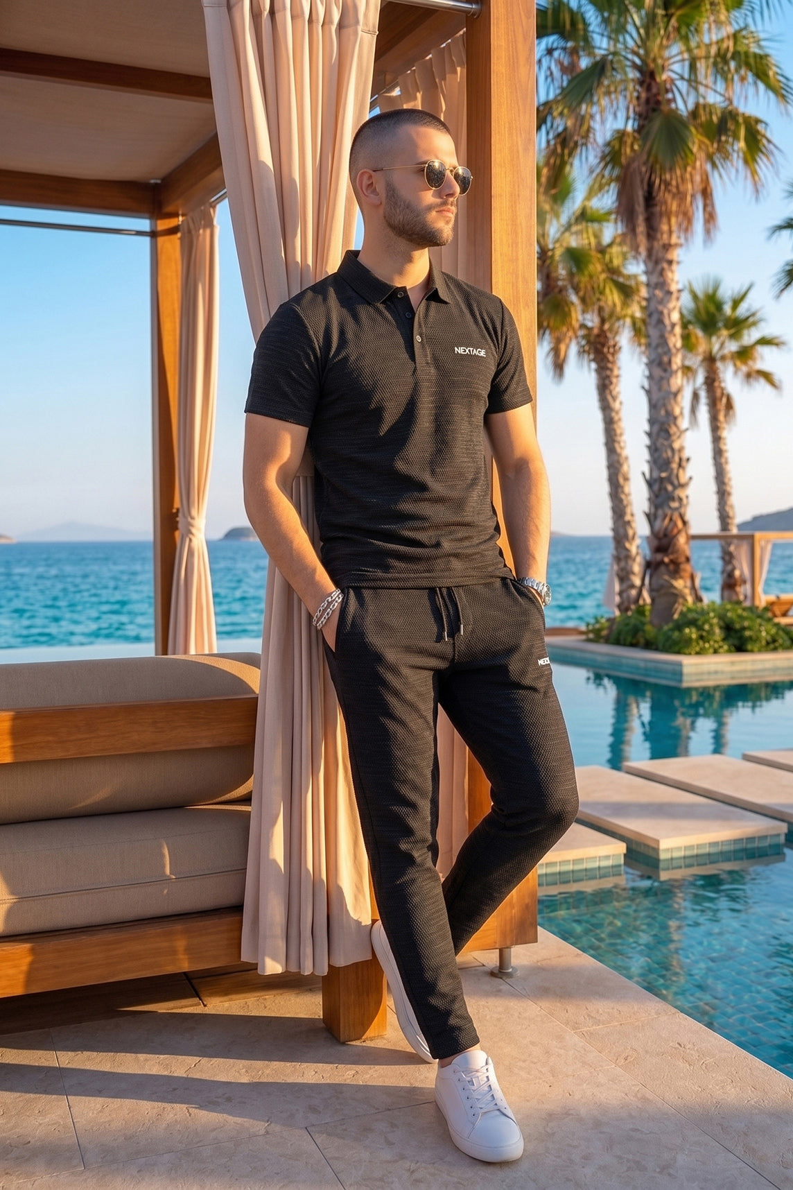 Premium Black Textured Polo Tracksuit