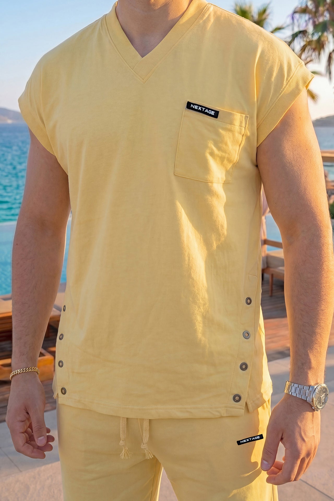 Pastel Yellow V-Neck Side Button Short Set