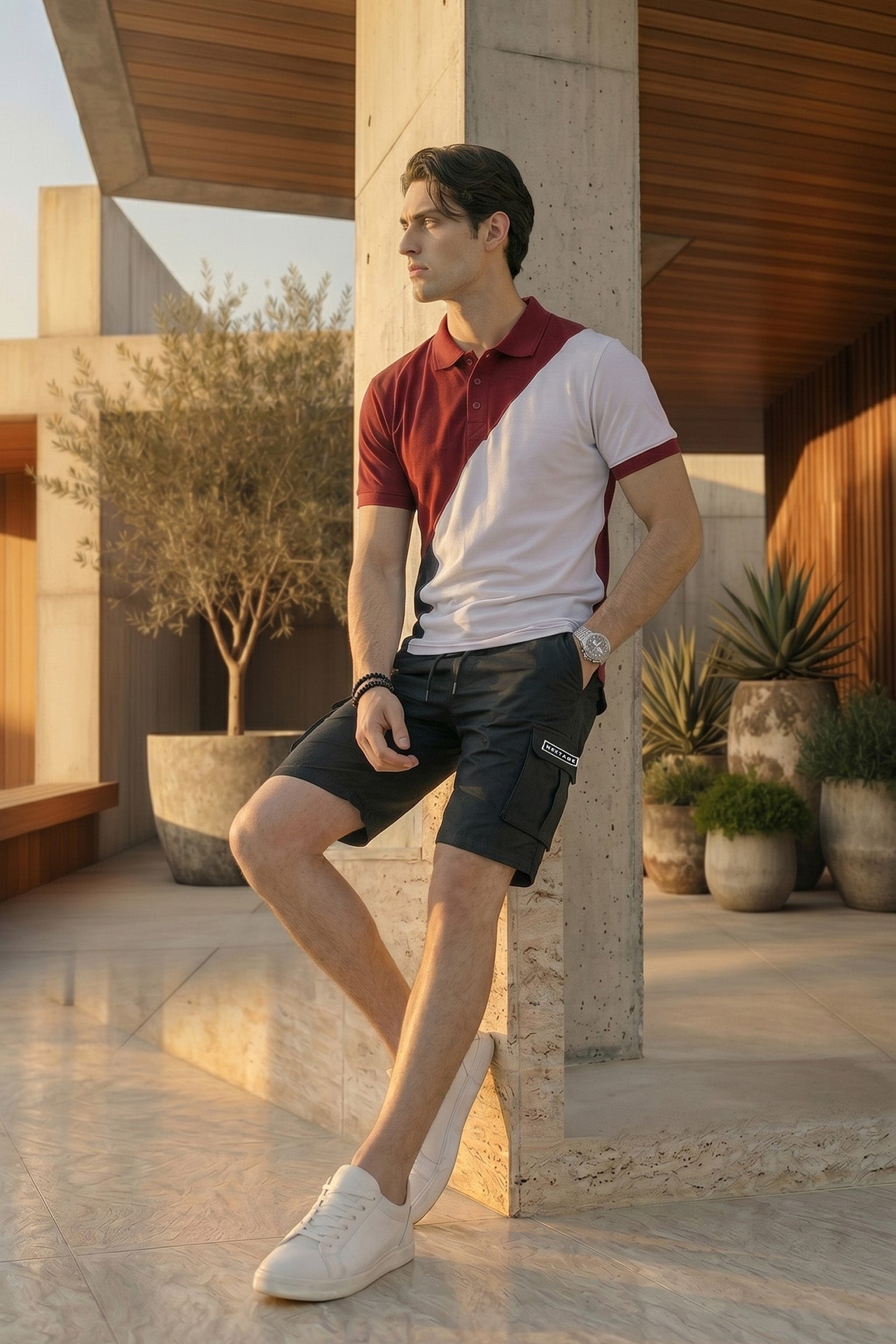 Nextage Contrast Pique Polo Cargo Short Set