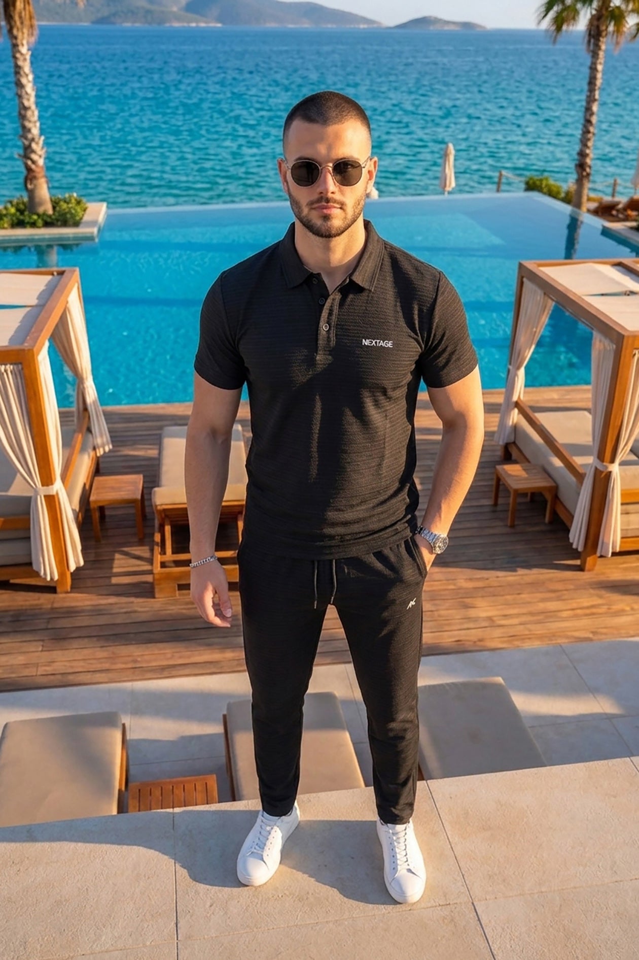 Premium Black Textured Polo Tracksuit