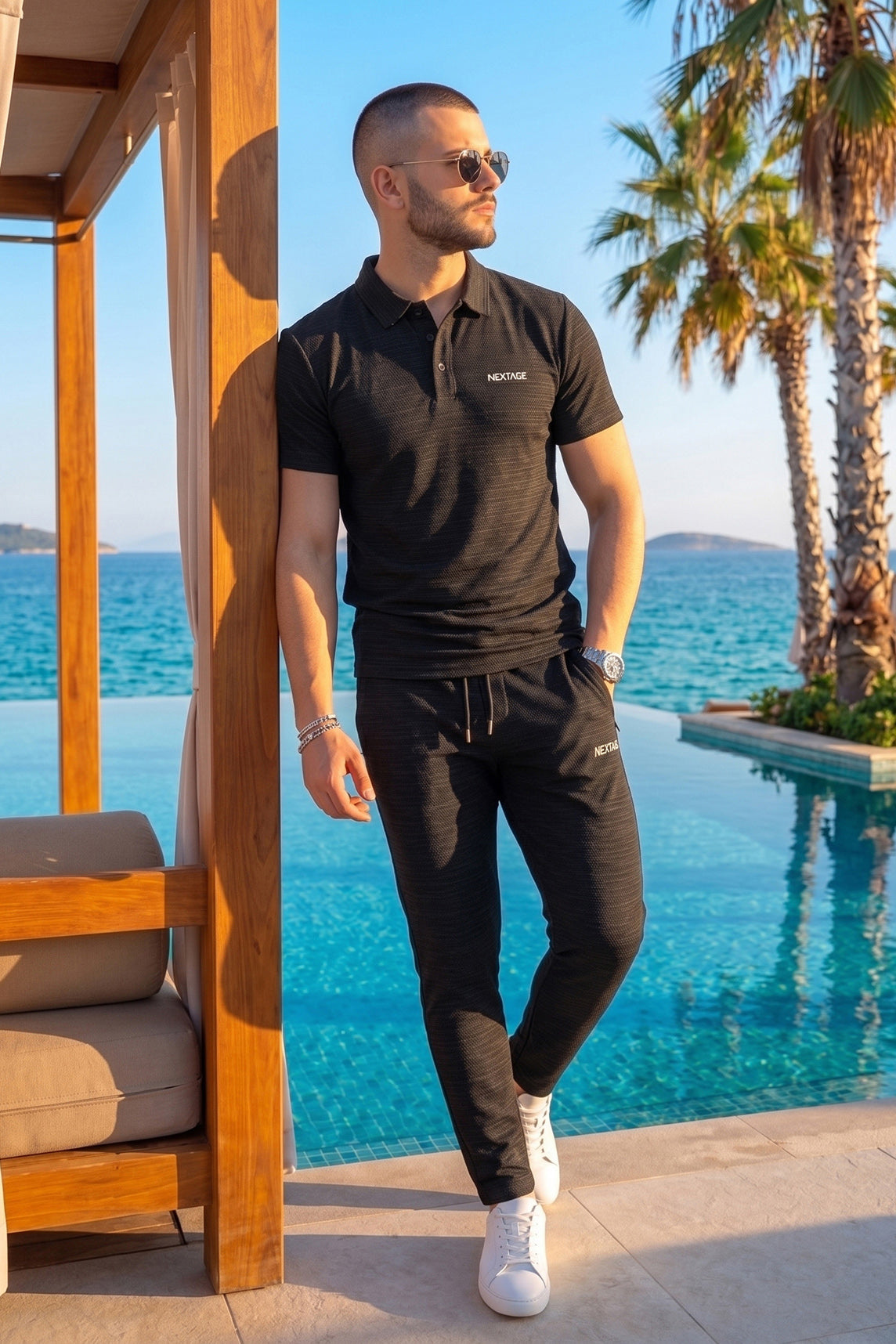 Premium Black Textured Polo Tracksuit