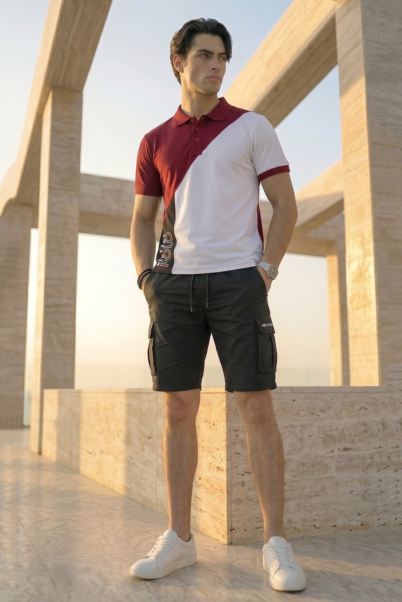 Nextage Contrast Pique Polo Cargo Short Set