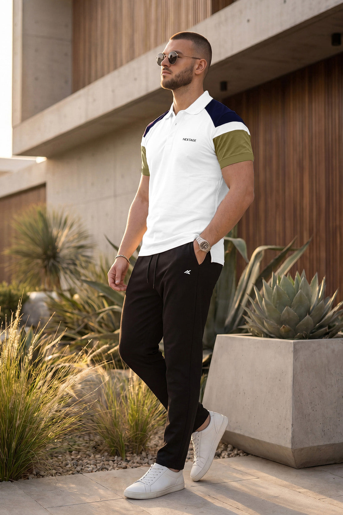 White Color Block Polo with Black Trouser
