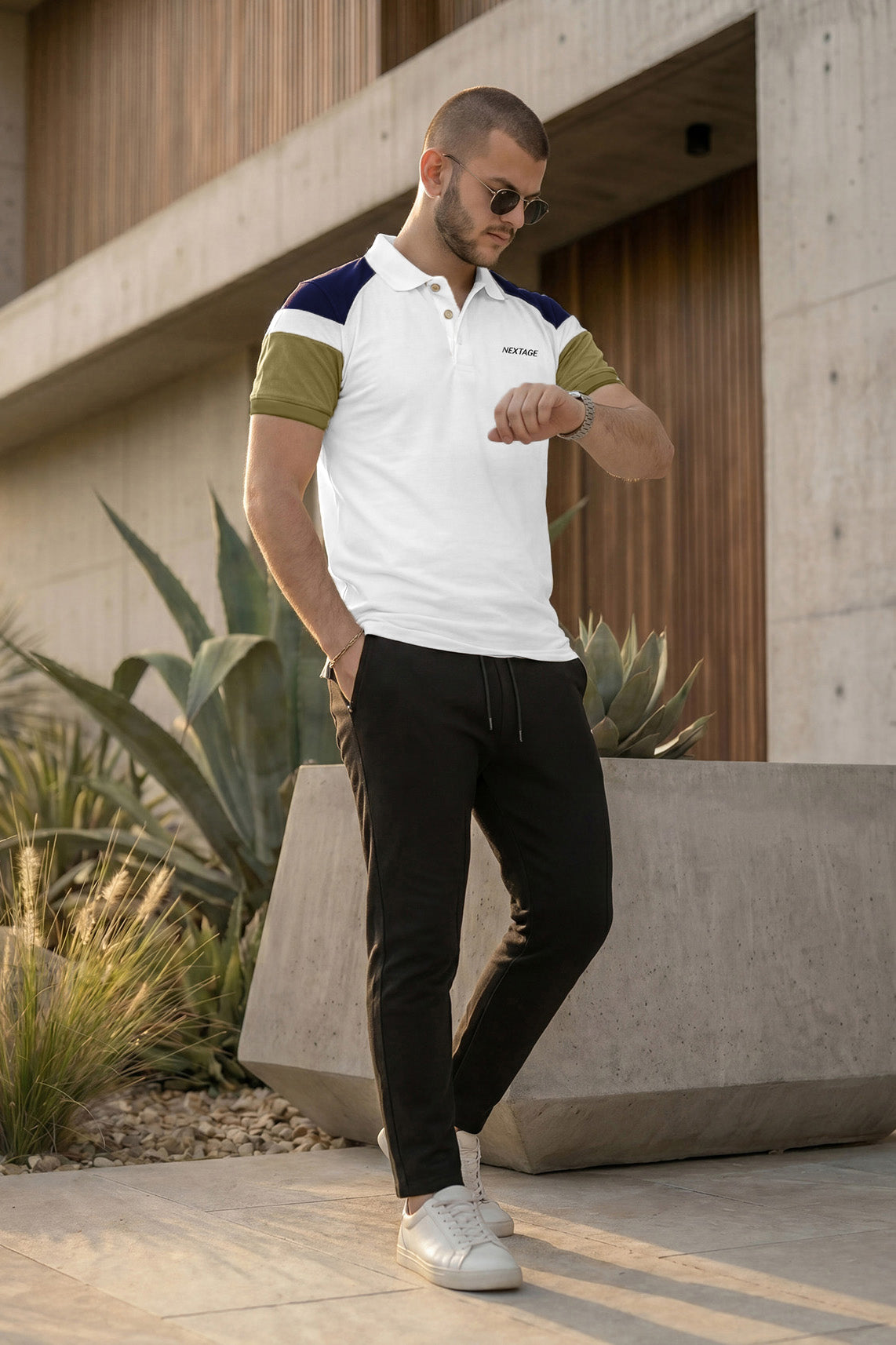 White Color Block Polo with Black Trouser