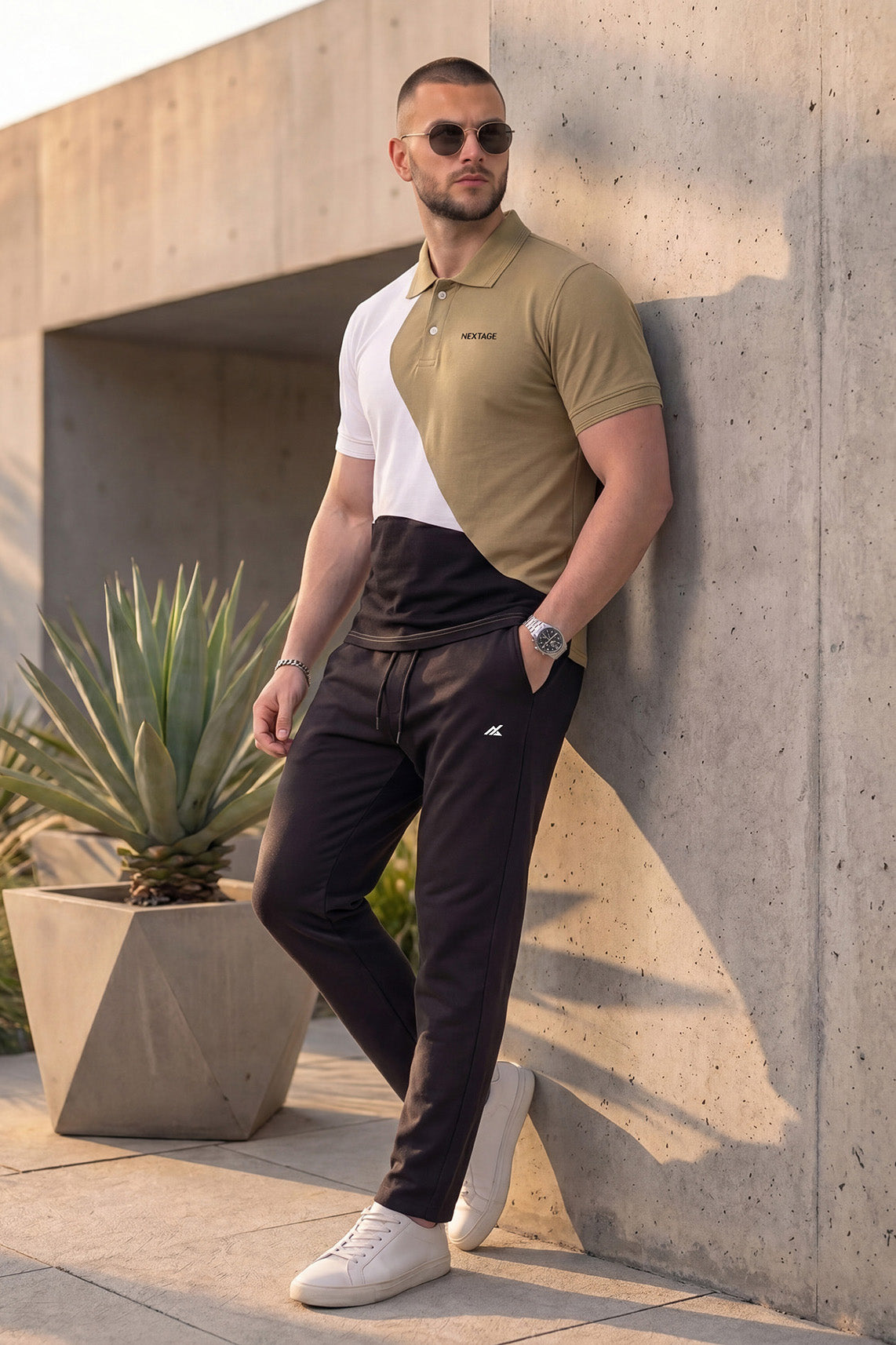 Khaki and Black Pique Polo Cotton Tracksuit