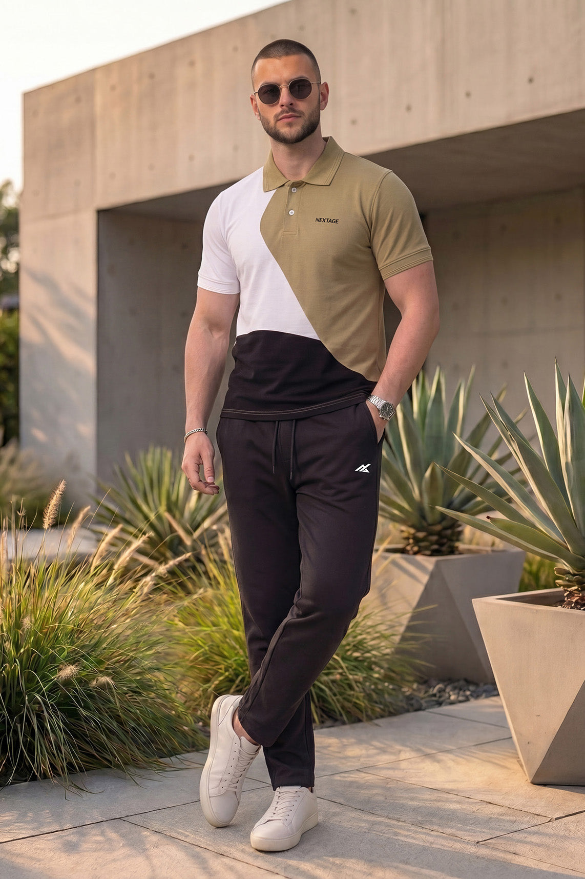 Khaki and Black Pique Polo Cotton Tracksuit