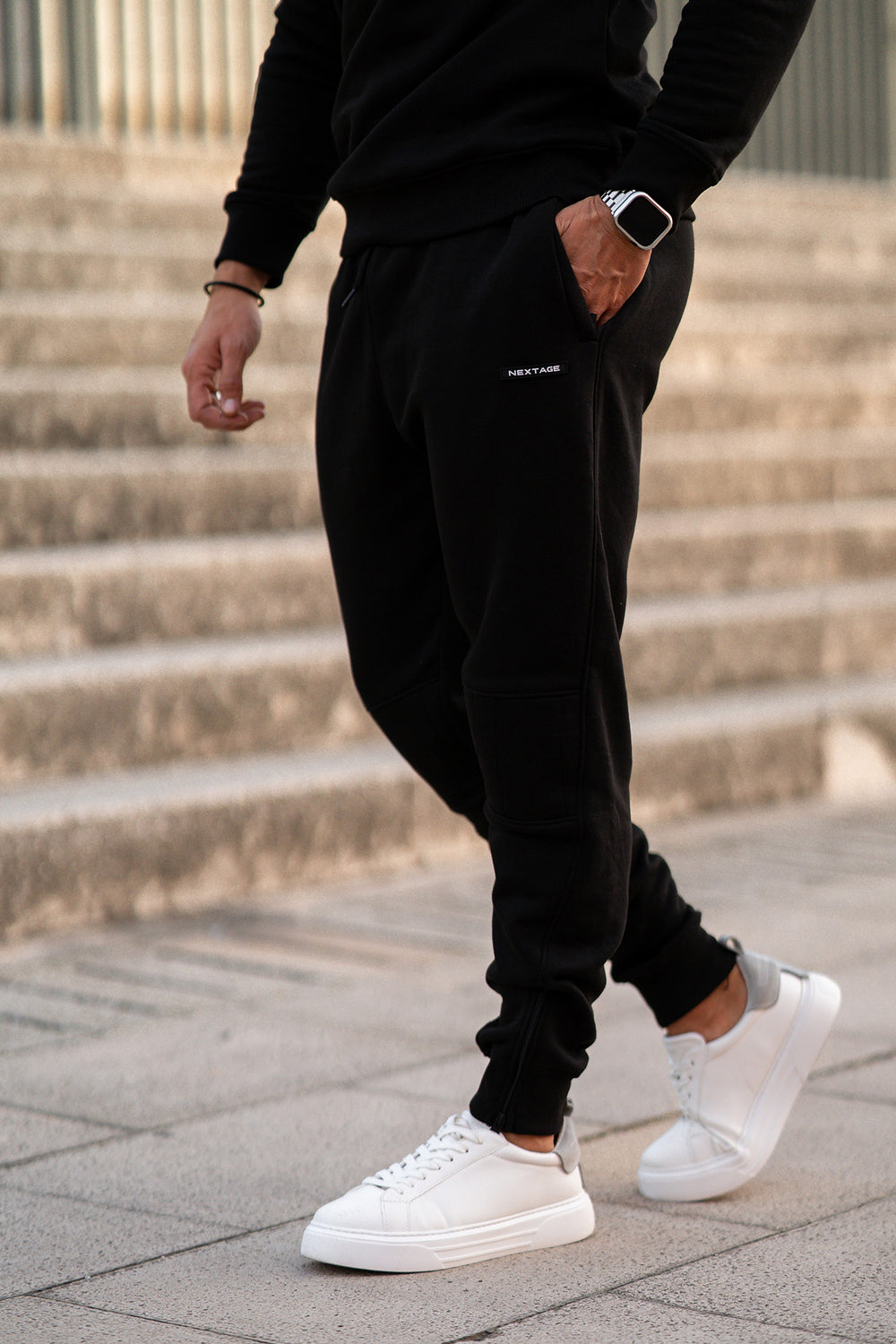 Nextage Black Zipper Detail Cotton Fleece Trouser