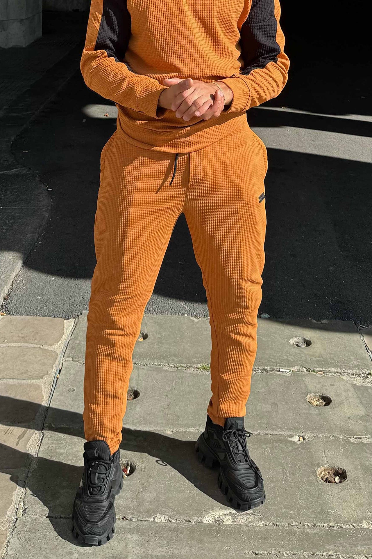 Nextage Tan Textured Metal Slogan Slim Fit Trouser