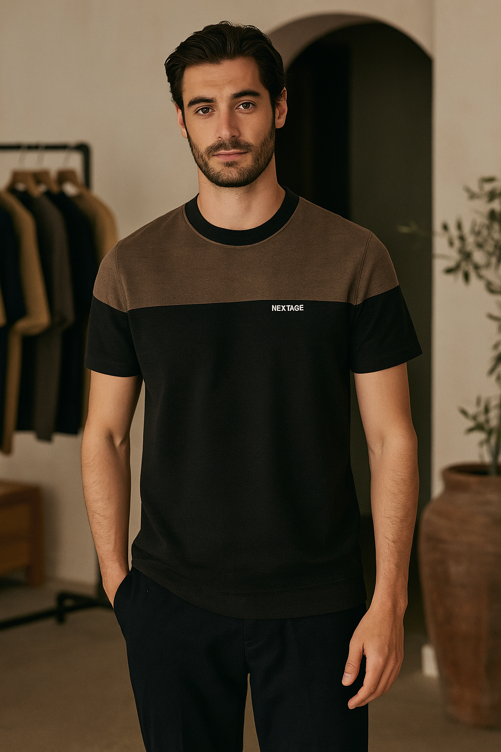 Charcoal Beige Panel Round Neck T-Shirt