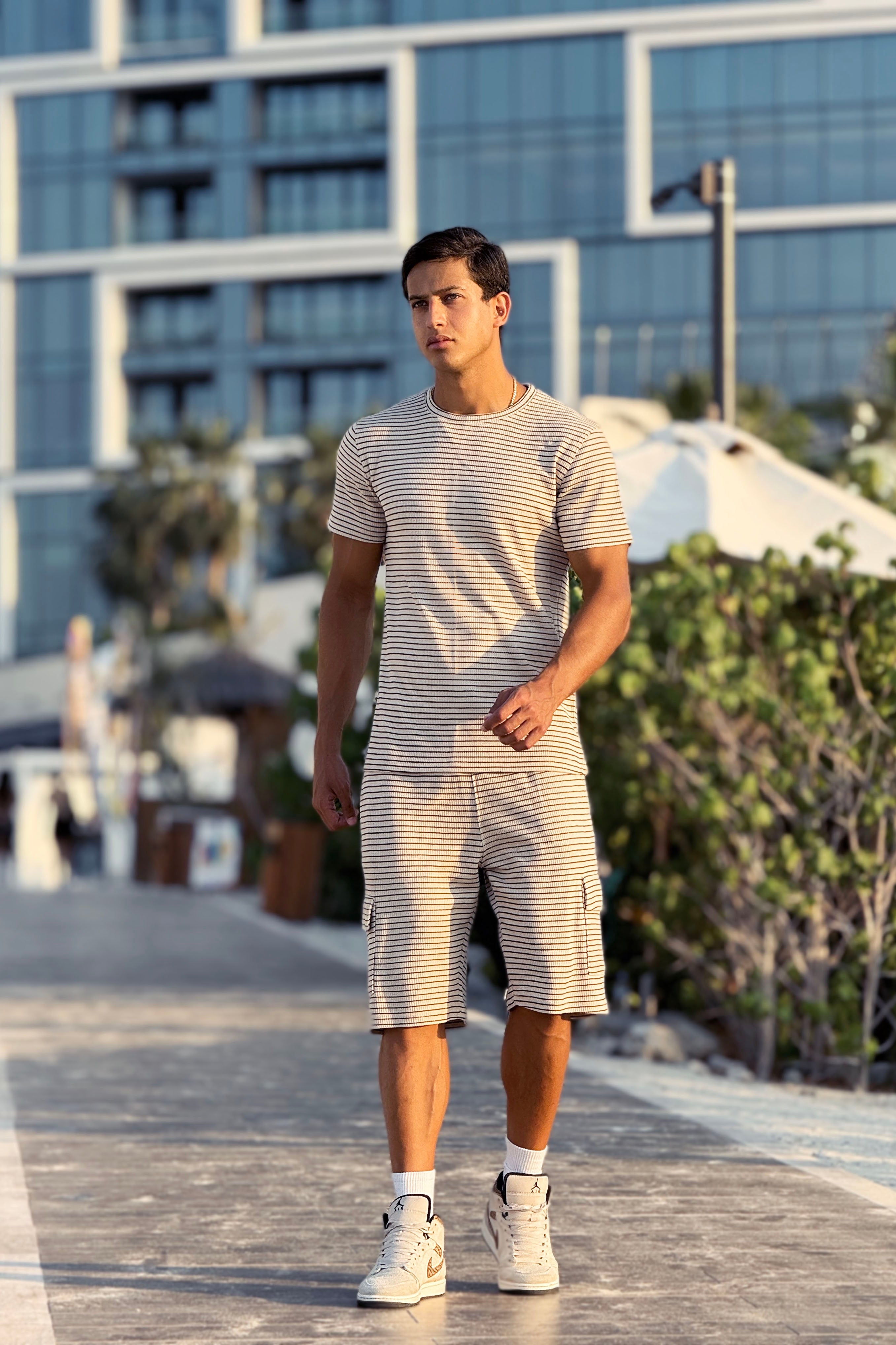 Beige Waffle Knit Round Neck Cargo Shorts Set