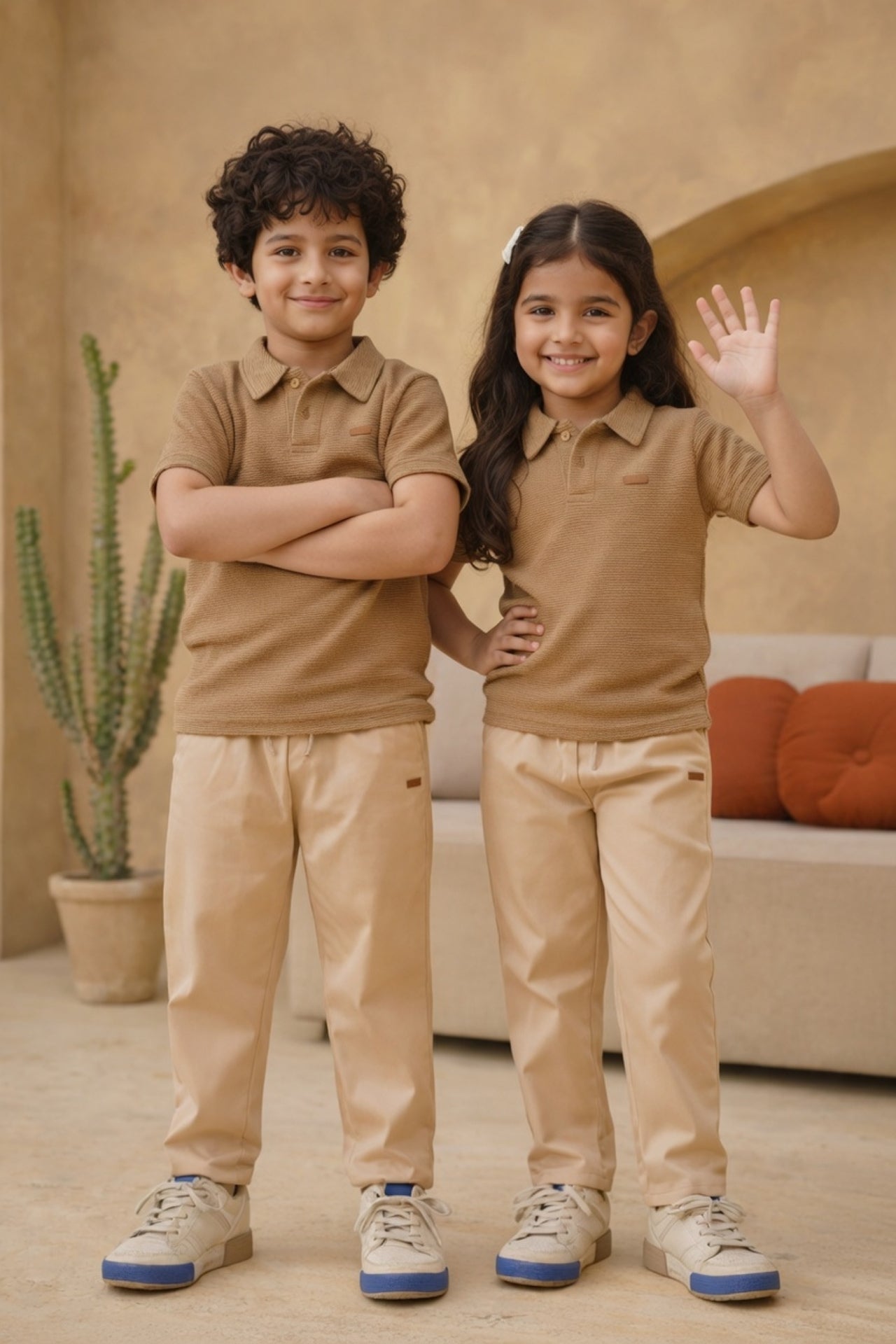 Nextage Kids Beige Premium Textured Polo Twinset front view