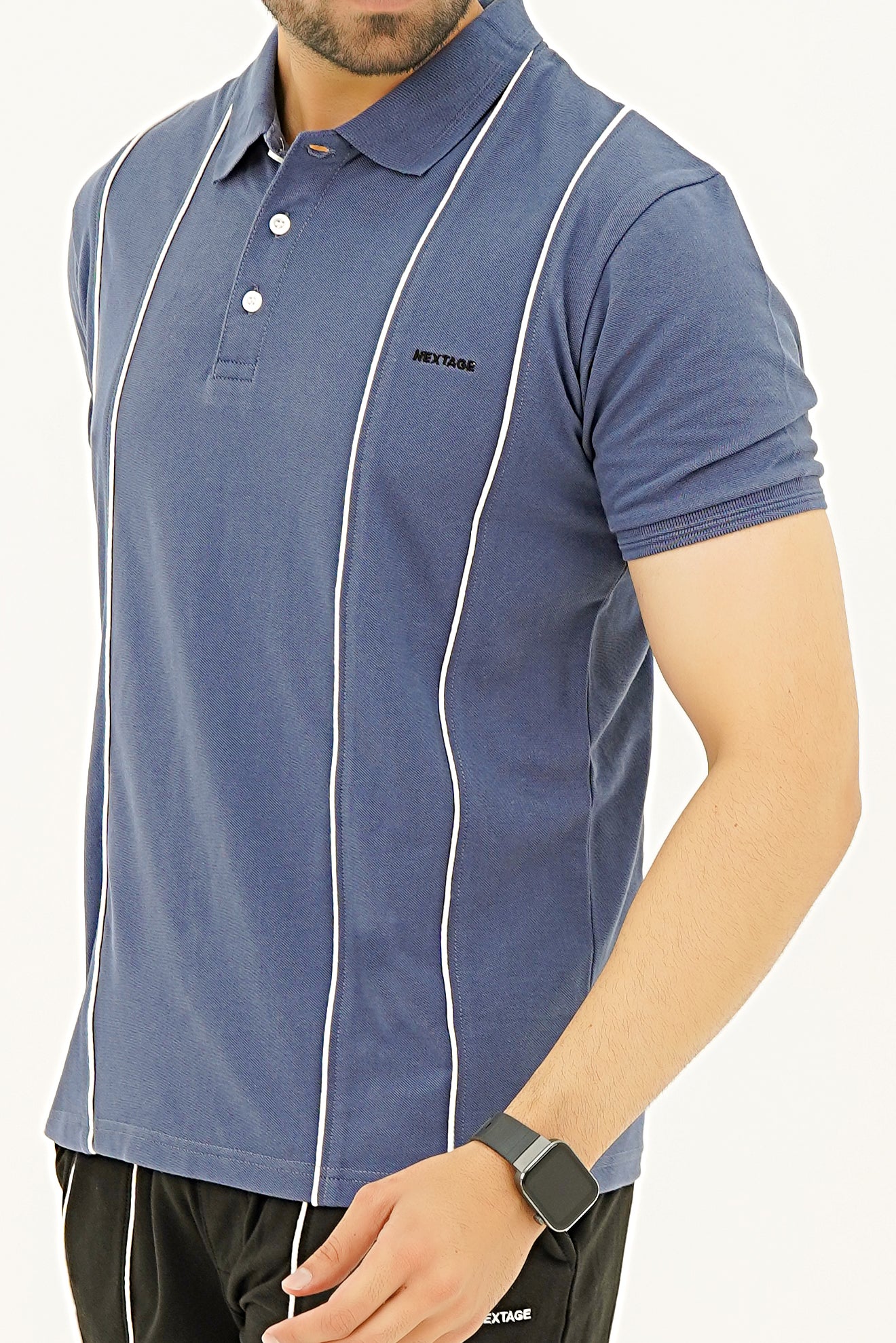 Nextage Navy Vertical Stripe Polo Shorts Set