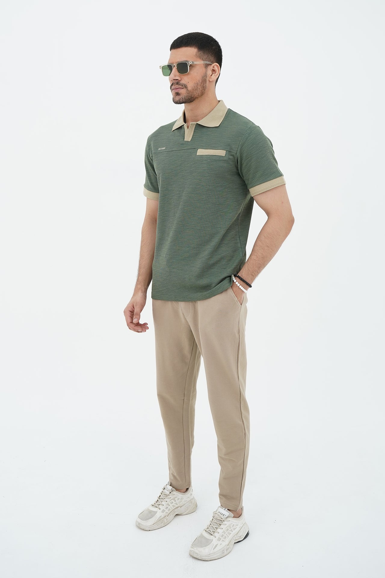 Green Slubbed Yarn Contrast Polo Tracksuit