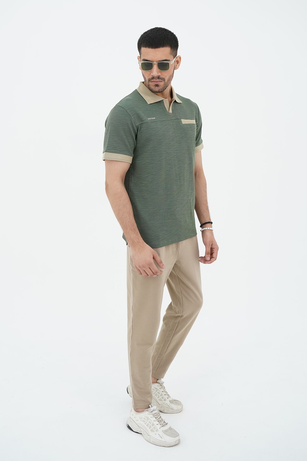 Green Slubbed Yarn Contrast Polo Tracksuit