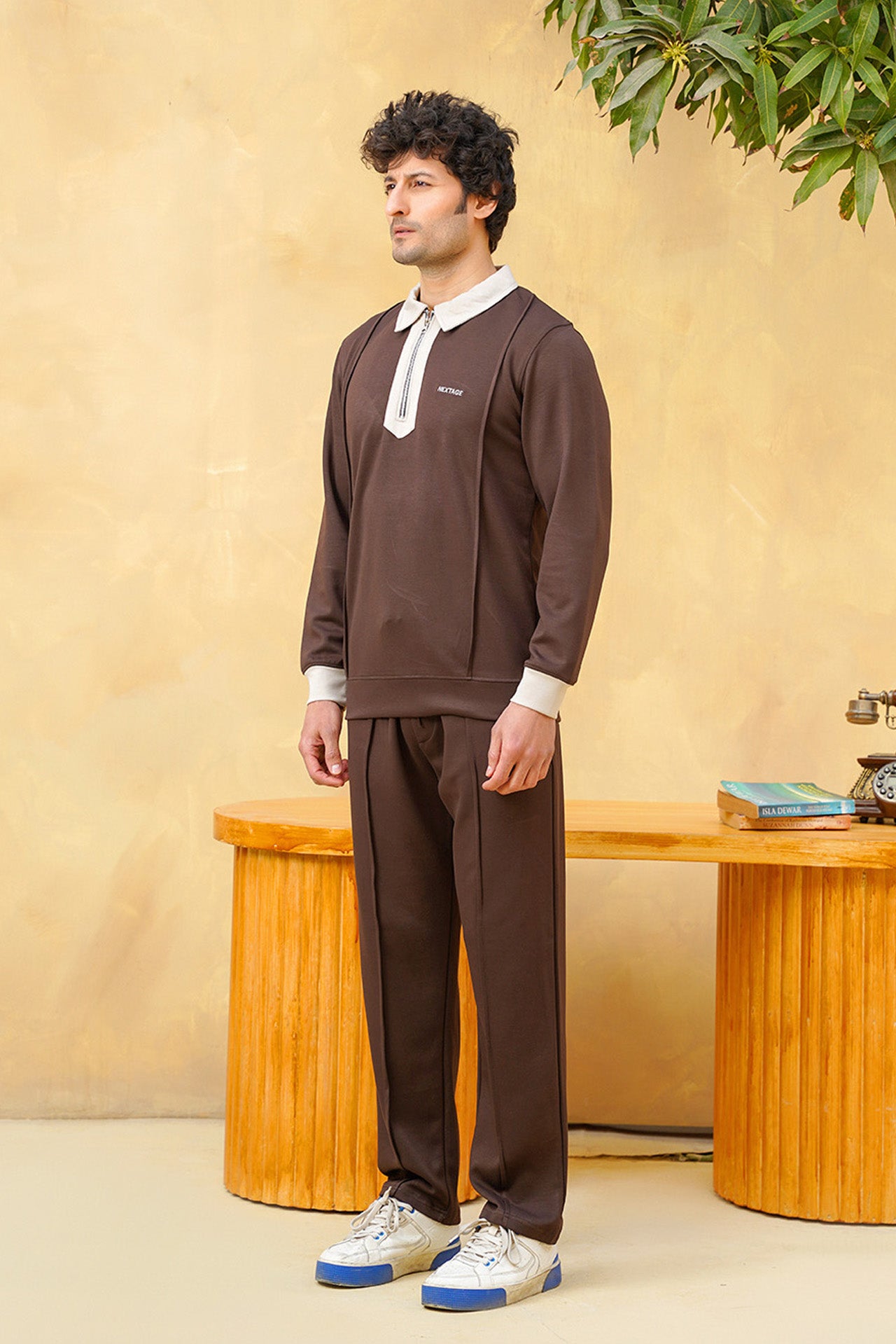 Brown Viscose Half Zip Contrast Collar Tracksuit