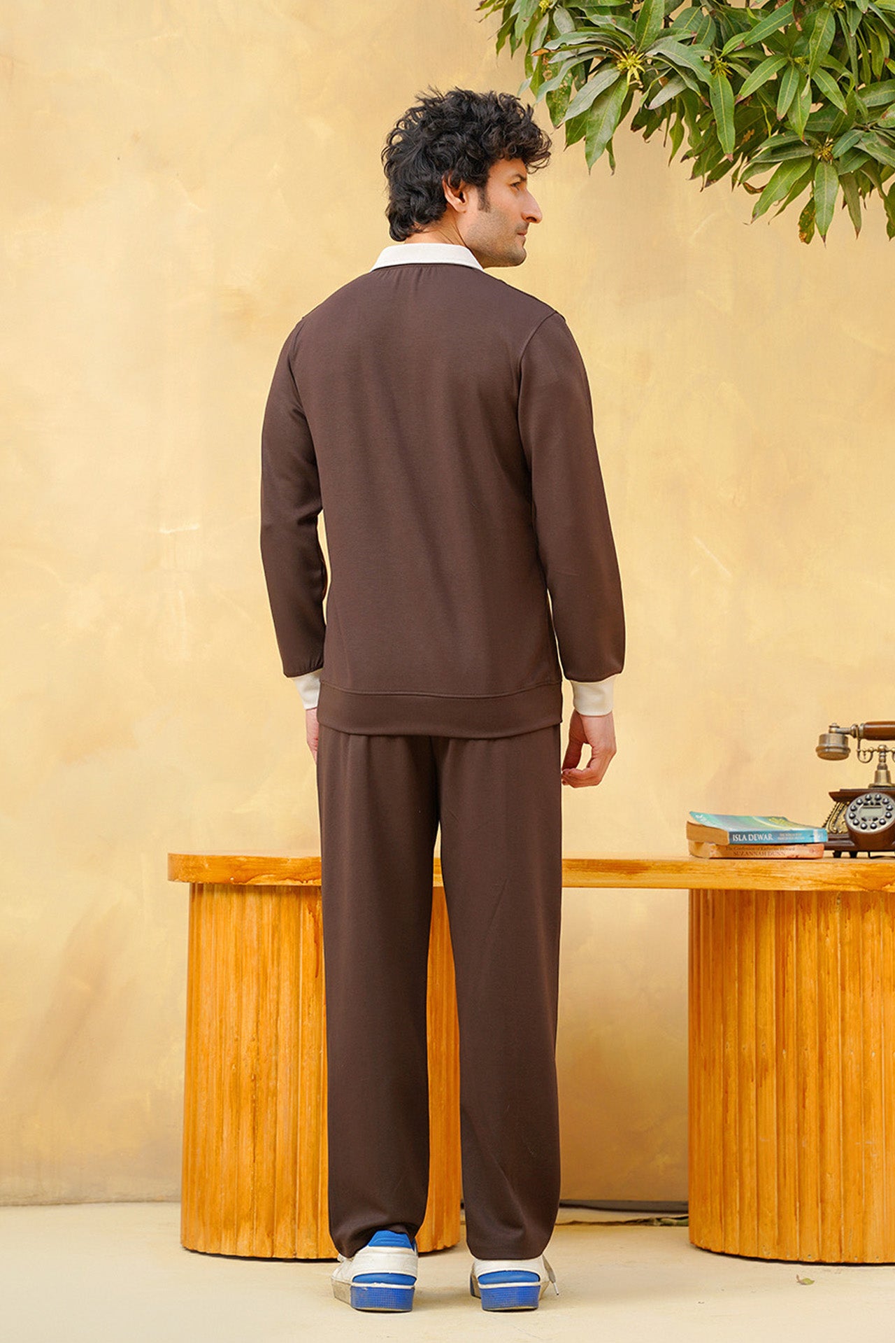 Brown Viscose Half Zip Contrast Collar Tracksuit