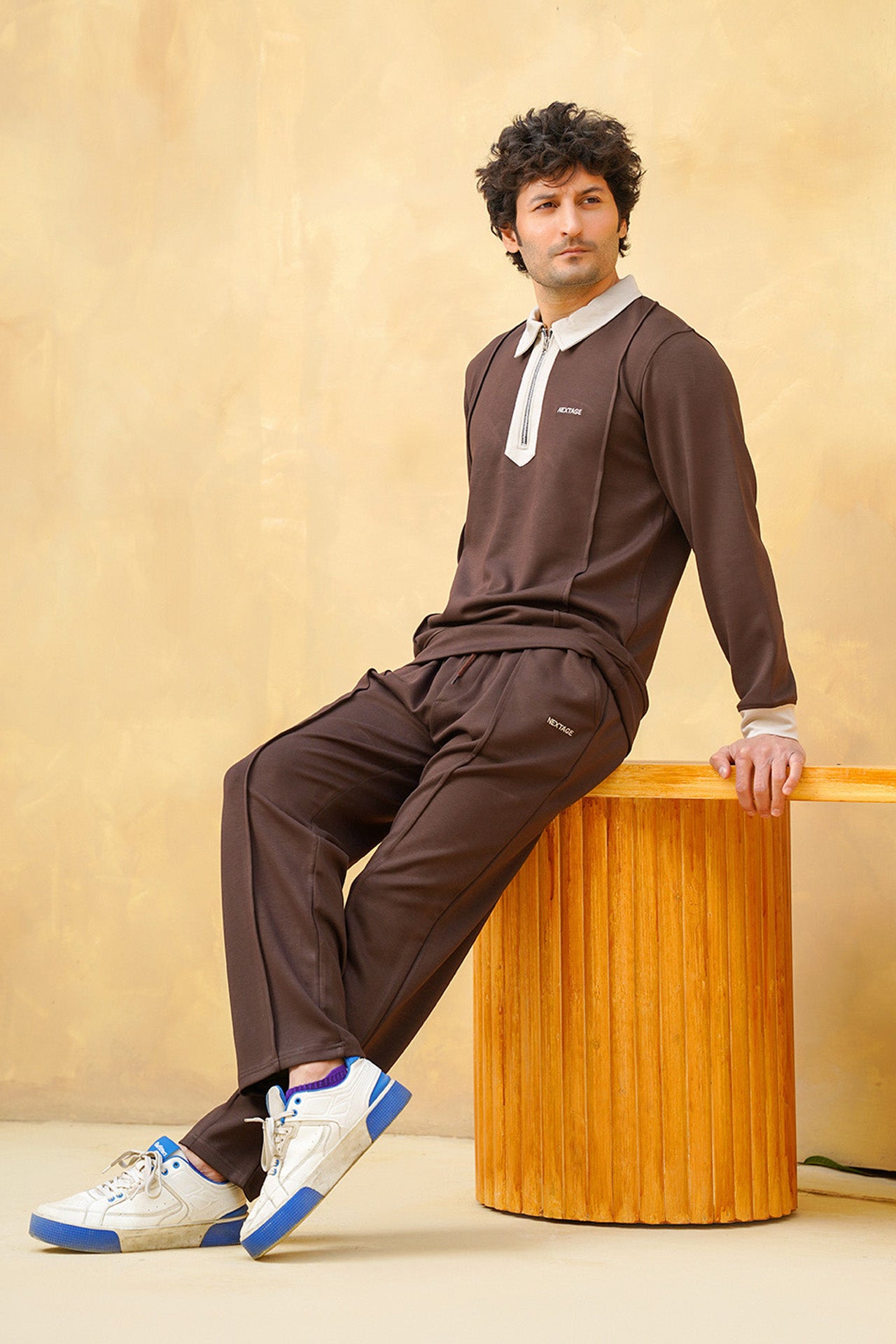 Brown Viscose Half Zip Contrast Collar Tracksuit