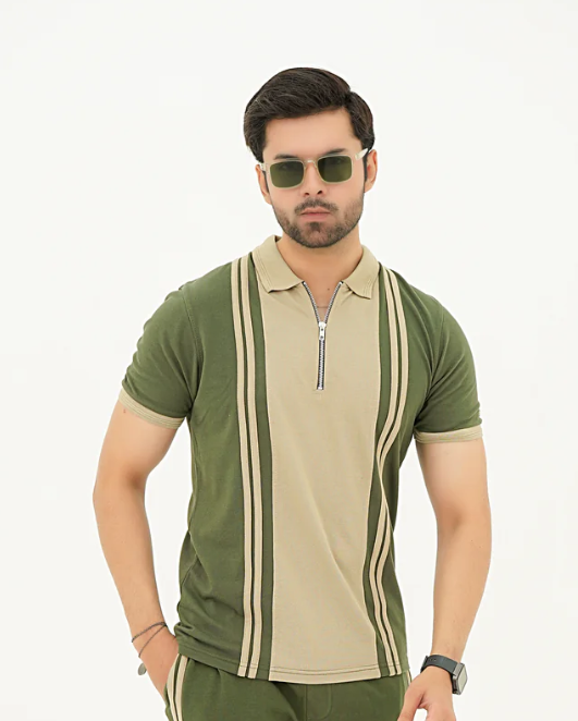Green Striped Zip Polo Shirt