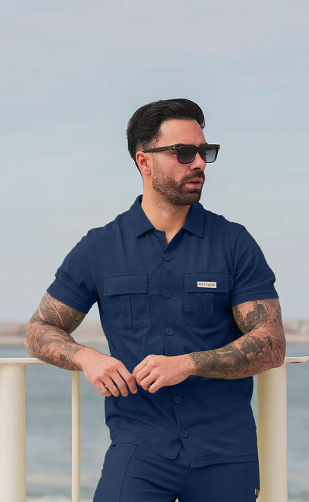 Nextage Front Pocket Detail Navy Blue Shirt