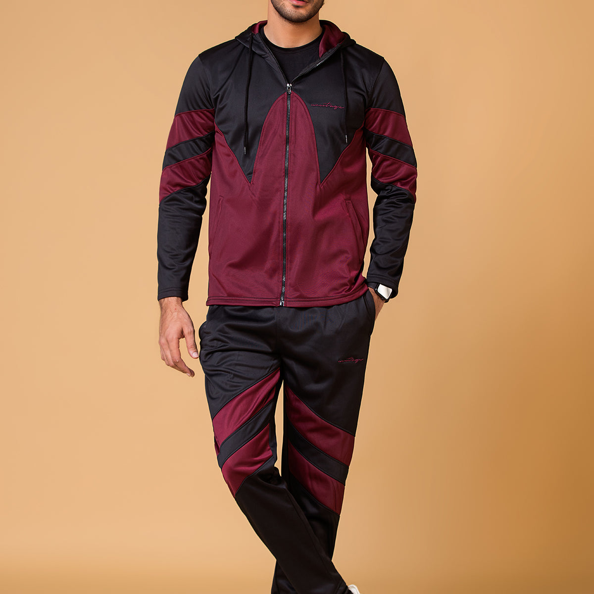 Nextage: Signature Embroidered Logo Maroon Black Tracksuit - Winter  Tracksuit