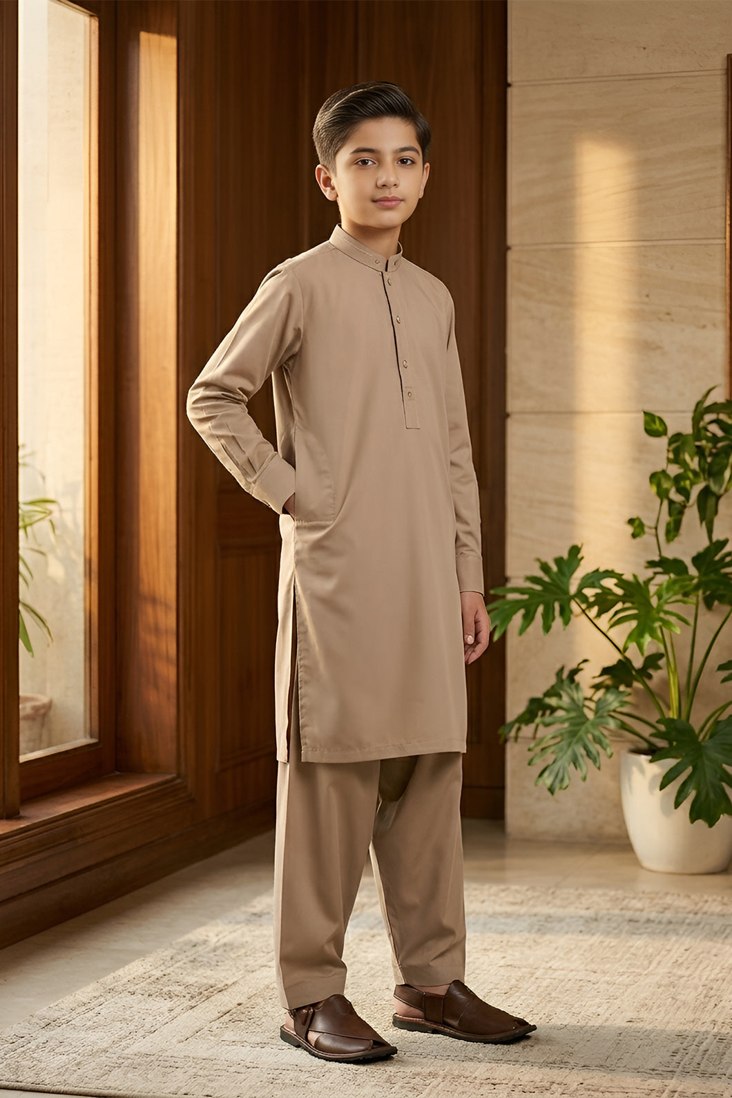 Kids ethnic wear camel beige shalwar kameez detail stitching