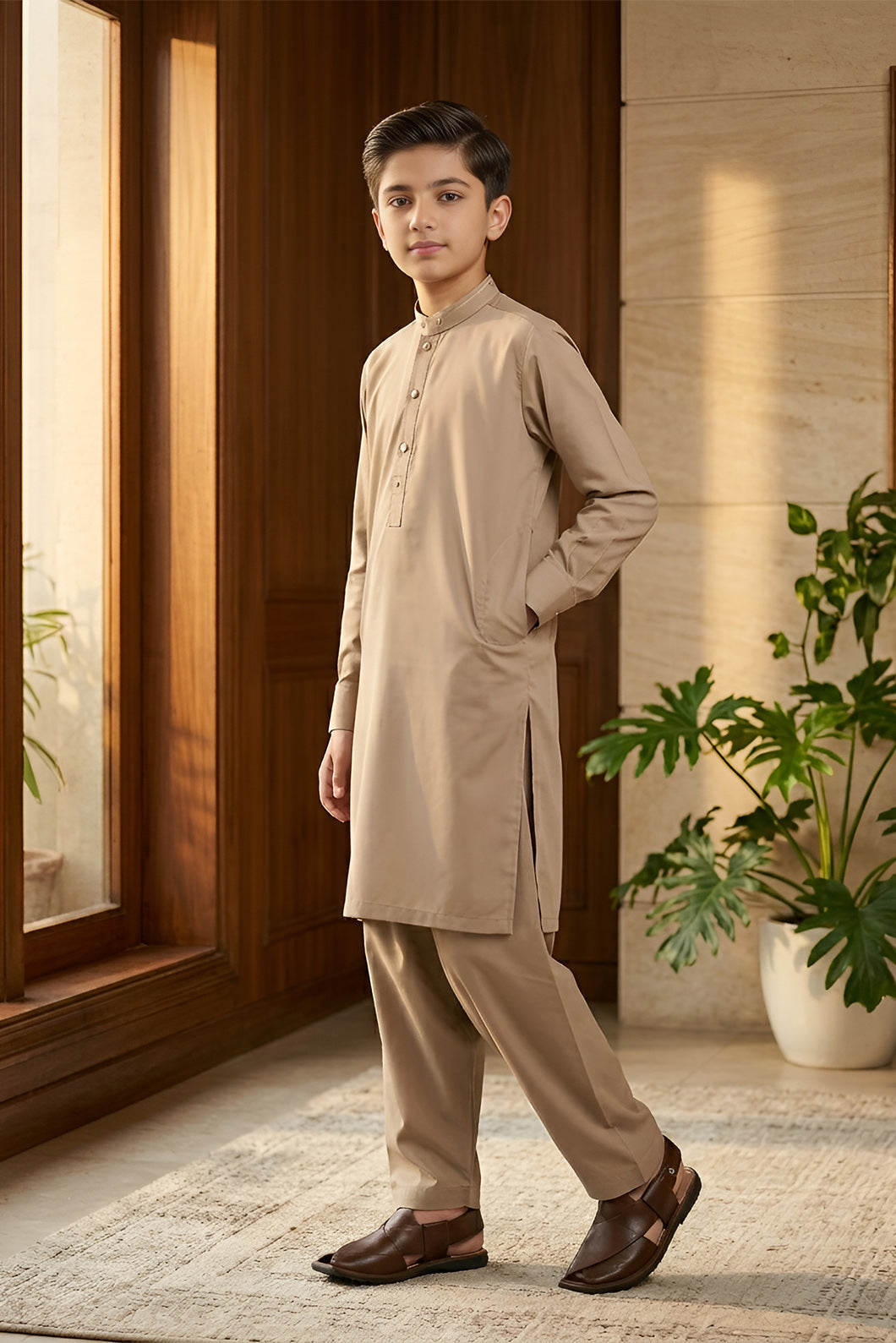 Camel beige kids designer shalwar kameez front view