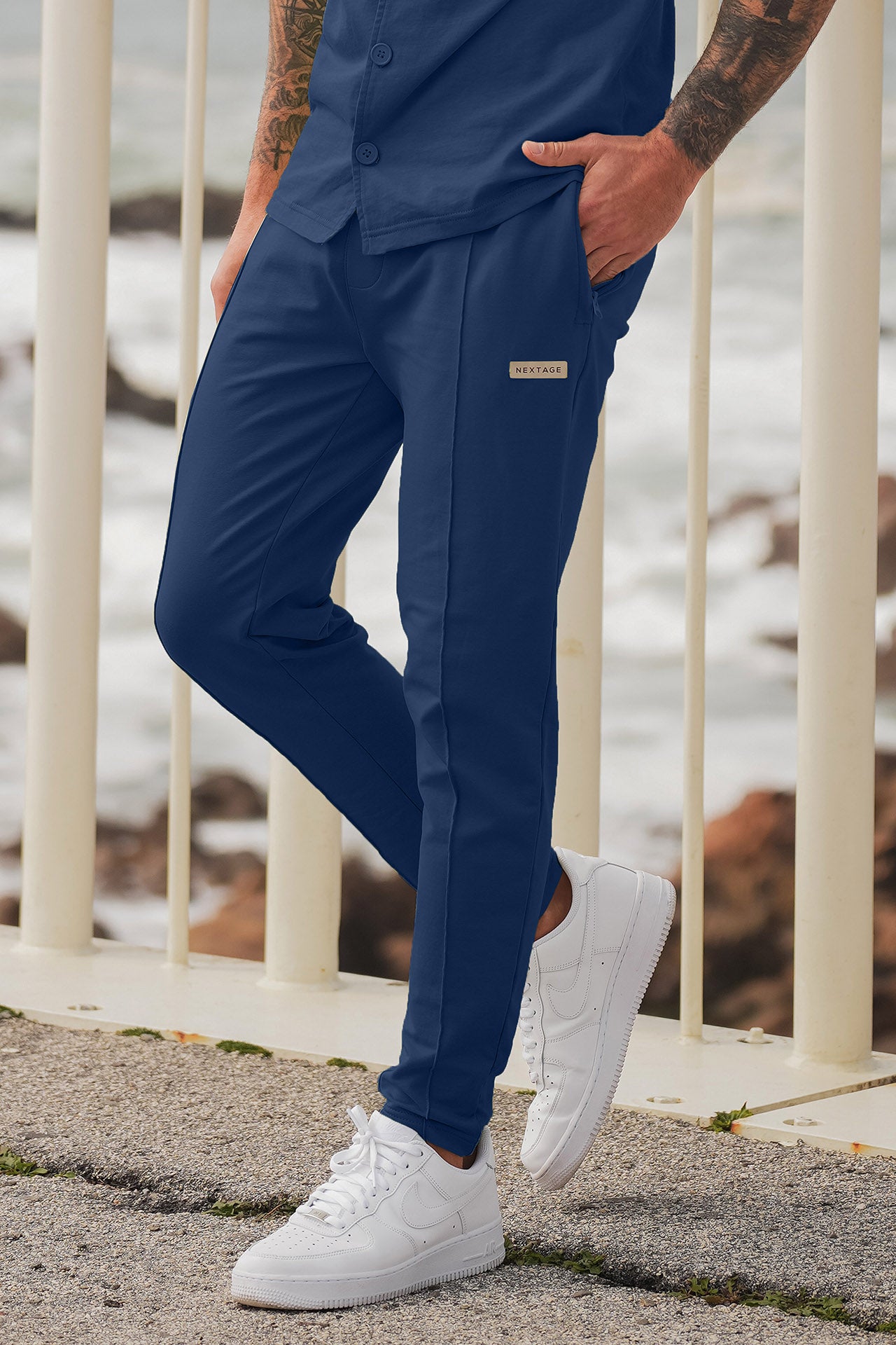 Navy Blue Front Pintuck Trouser