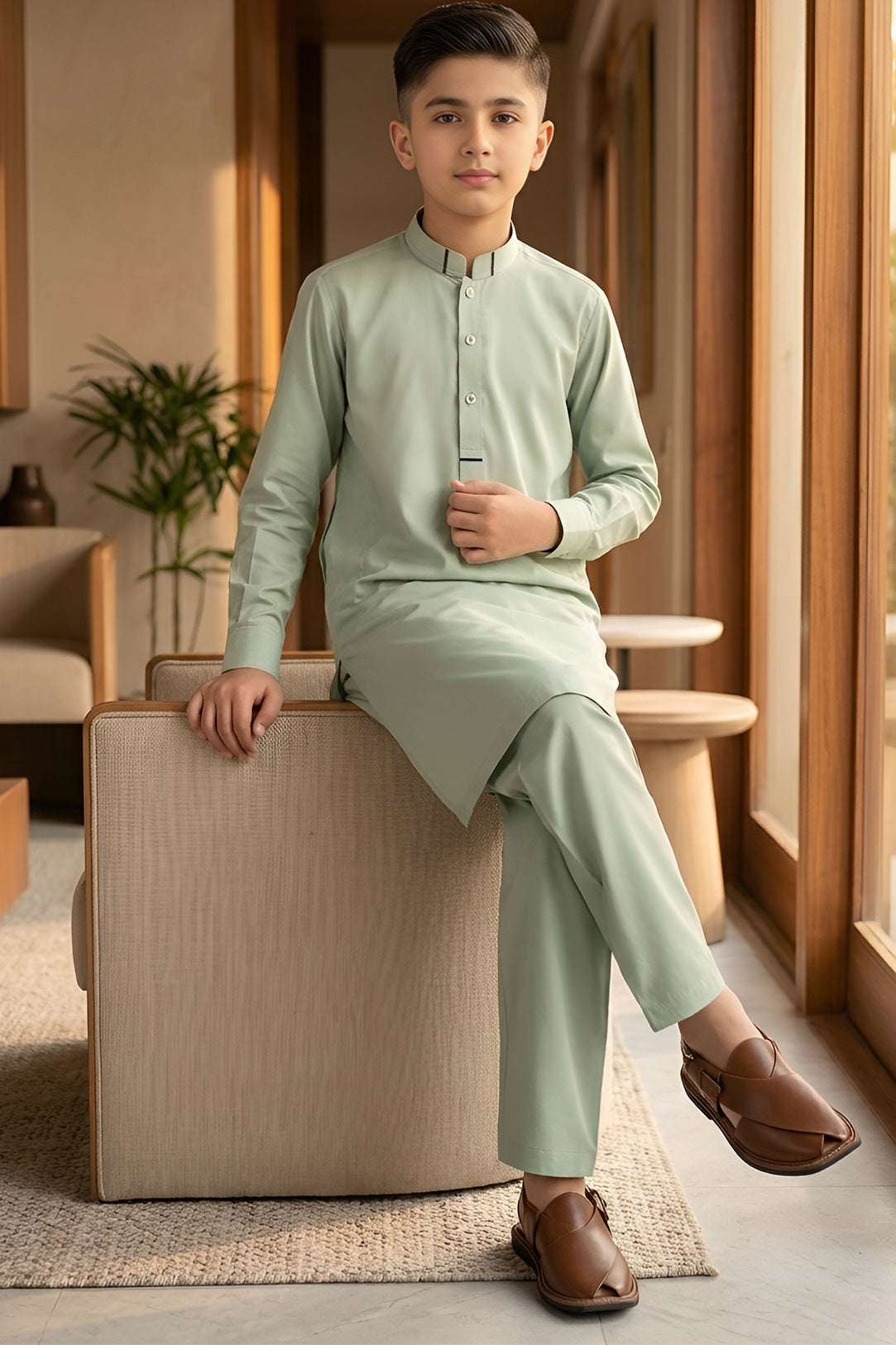 soft sage green shalwar kameez- sitting side view