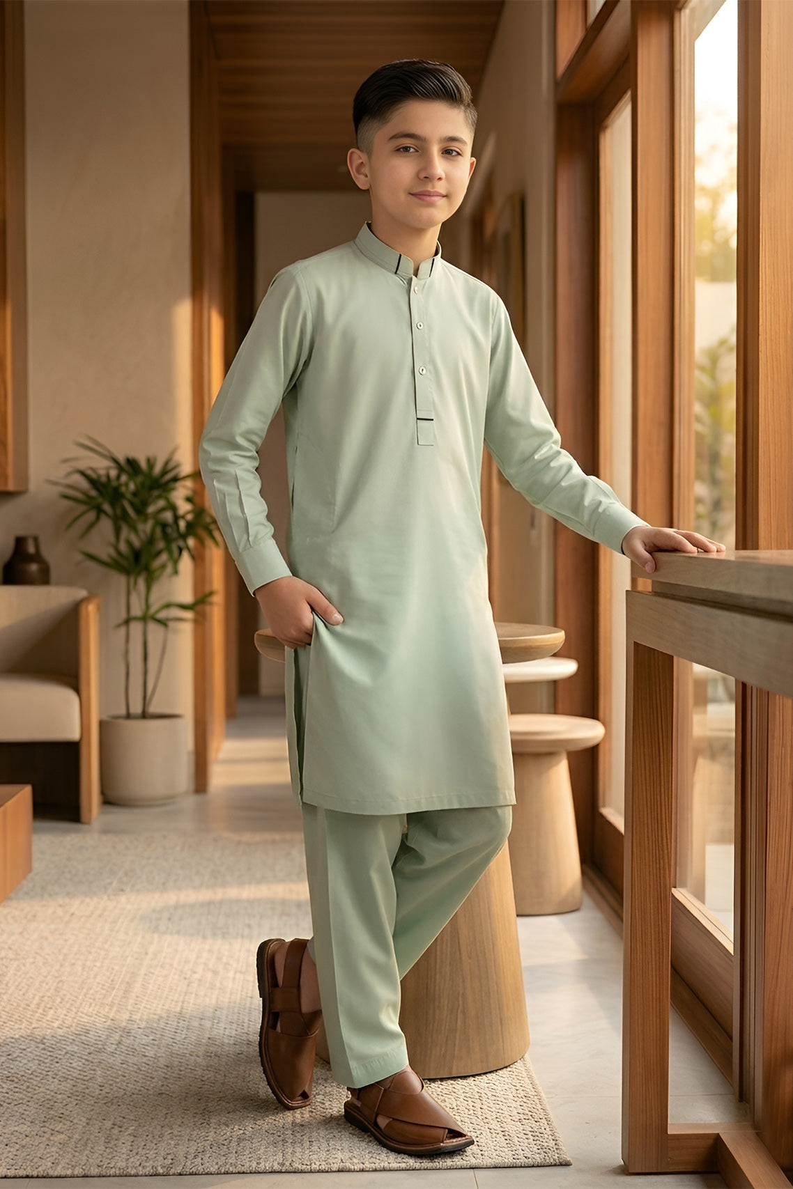 soft sage green kurta dress for eid and casual wear- side view
