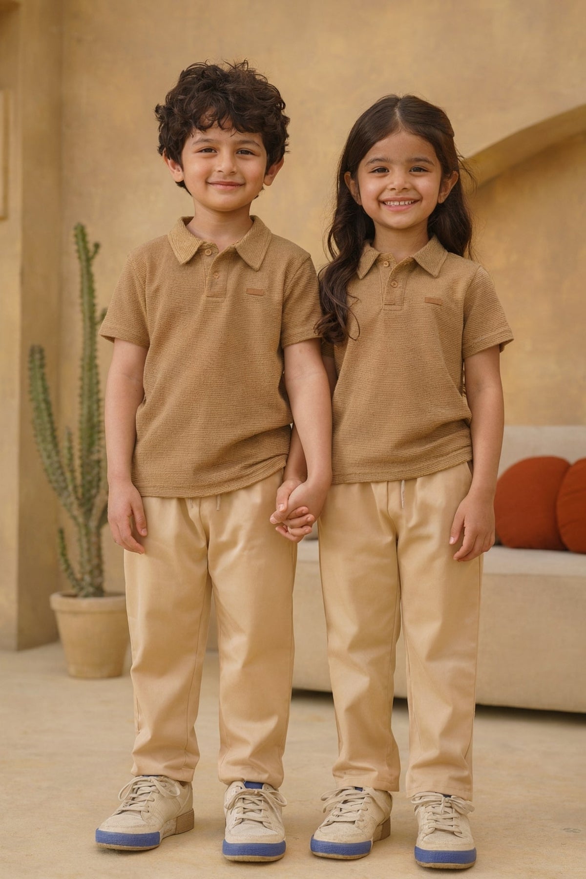 Beige textured cotton kids polo shirt close up
