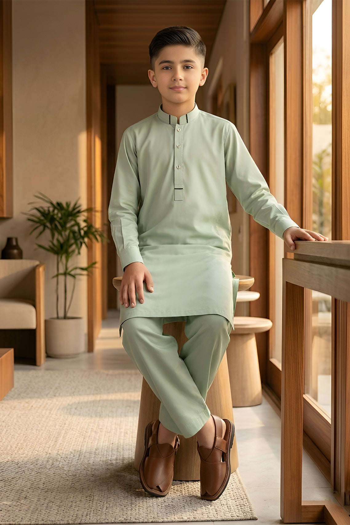 Kids designer kurta set soft sage green — Sitting View.