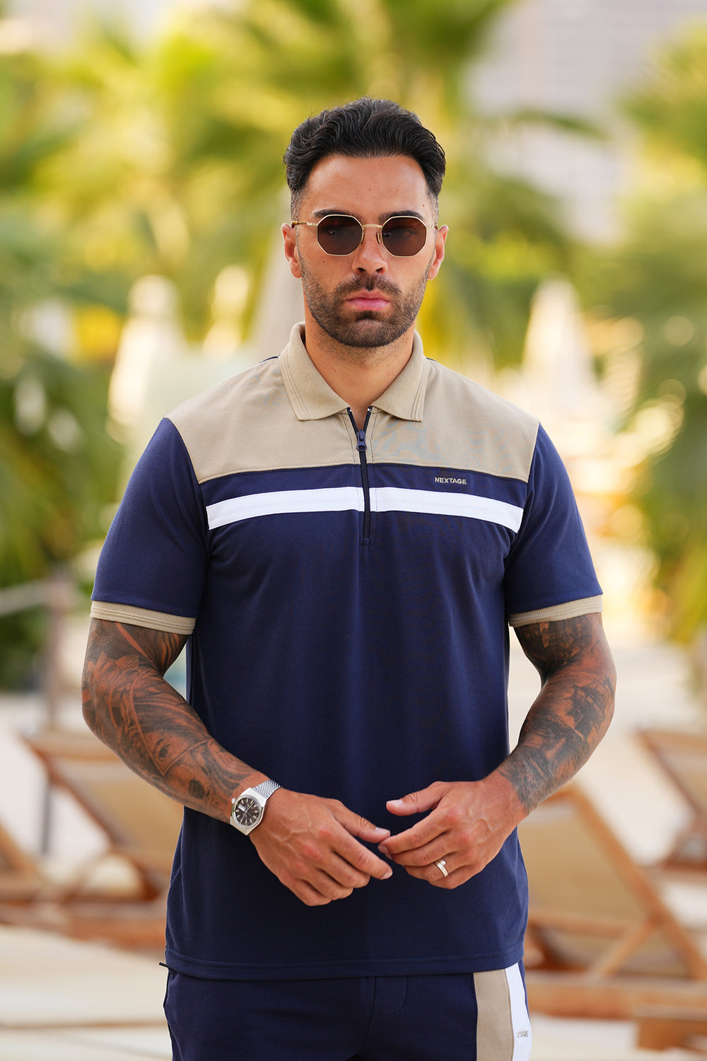 DUAL-TONE COMBED COTTON ZIP POLO SHIRT