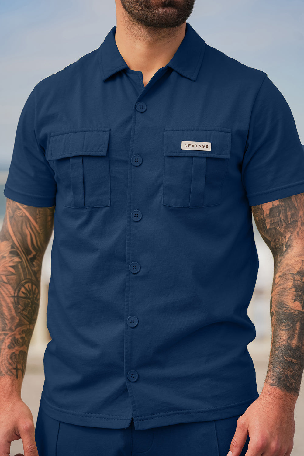 Nextage Front Pocket Detail Navy Blue Shirt