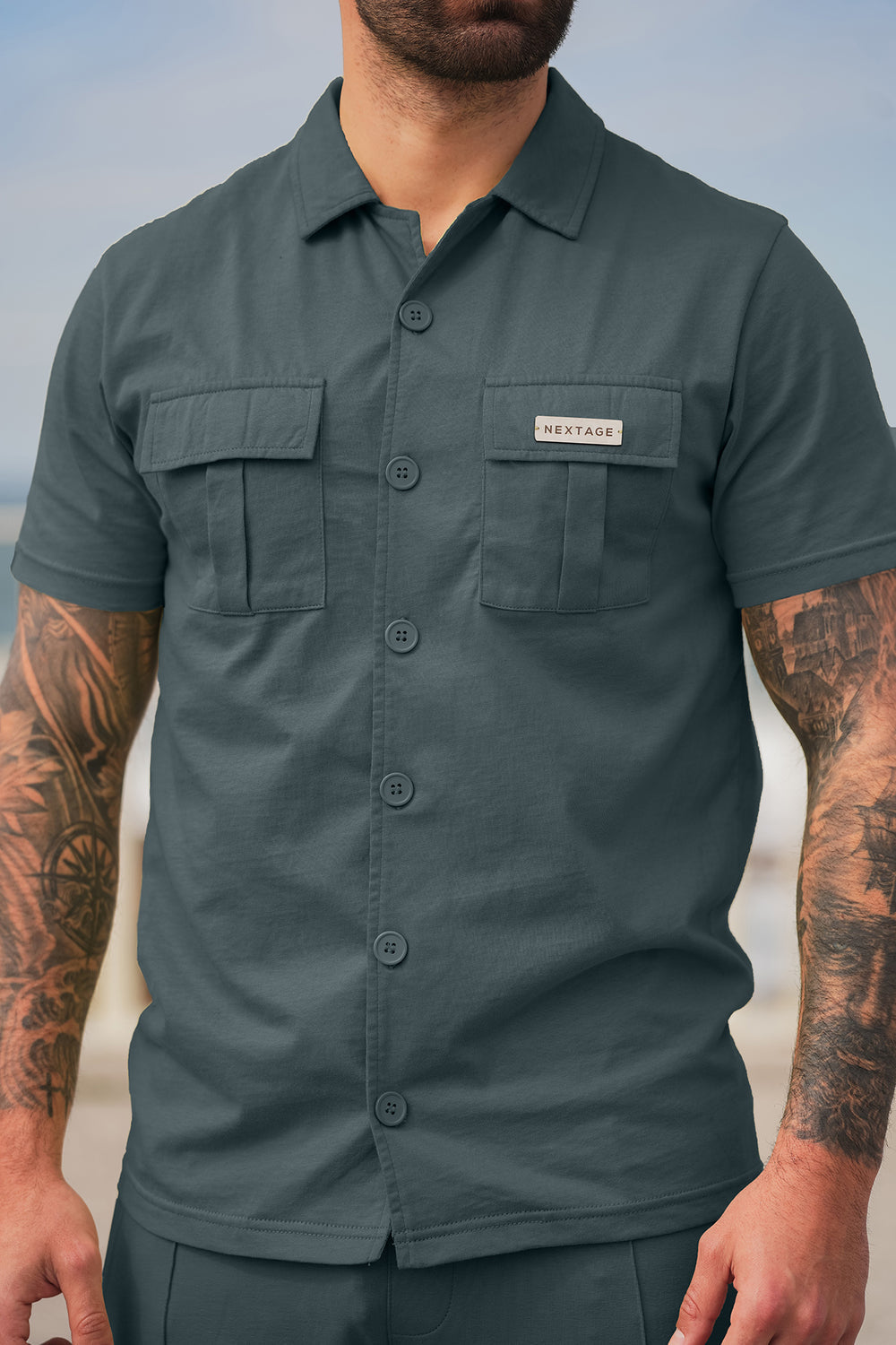 Nextage Front Pocket Detail Forest Grey Shirt