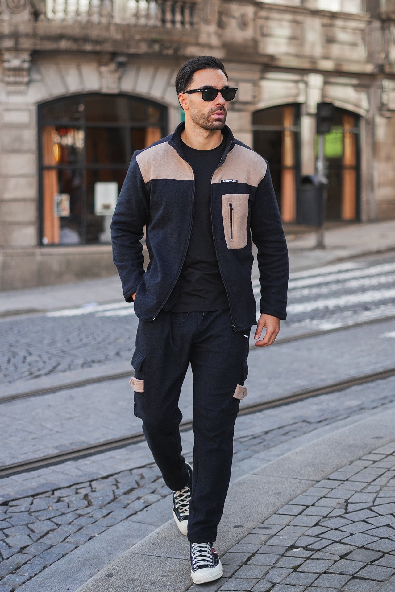 Black Polar Fleece Jacket with Cargo Trousers,