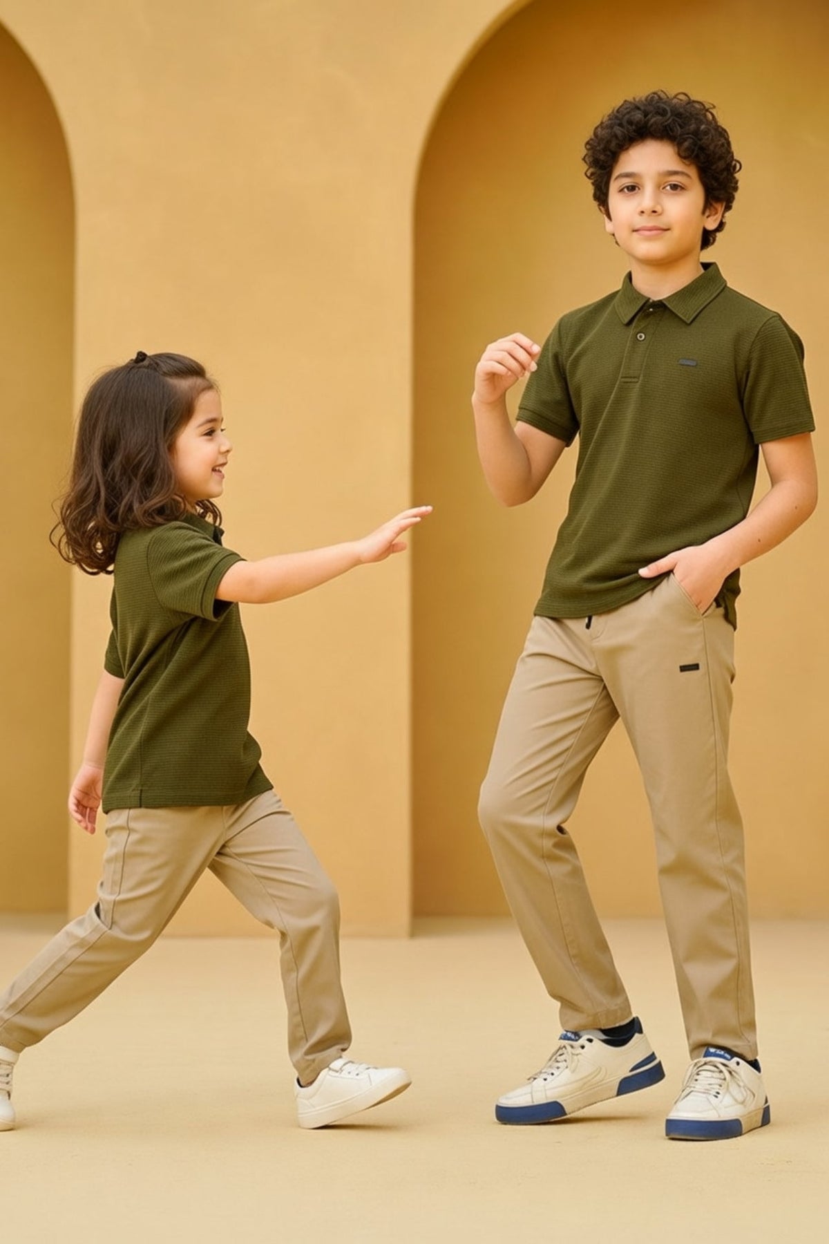Premium Kids Olive Textured Polo Set Image 3
