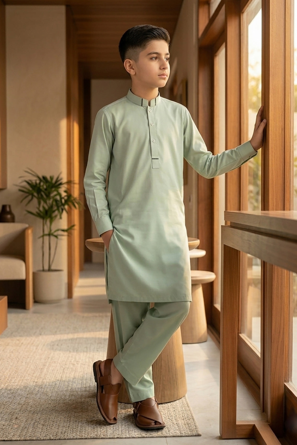 Sage green boys shalwar kameez by Nextage — front view