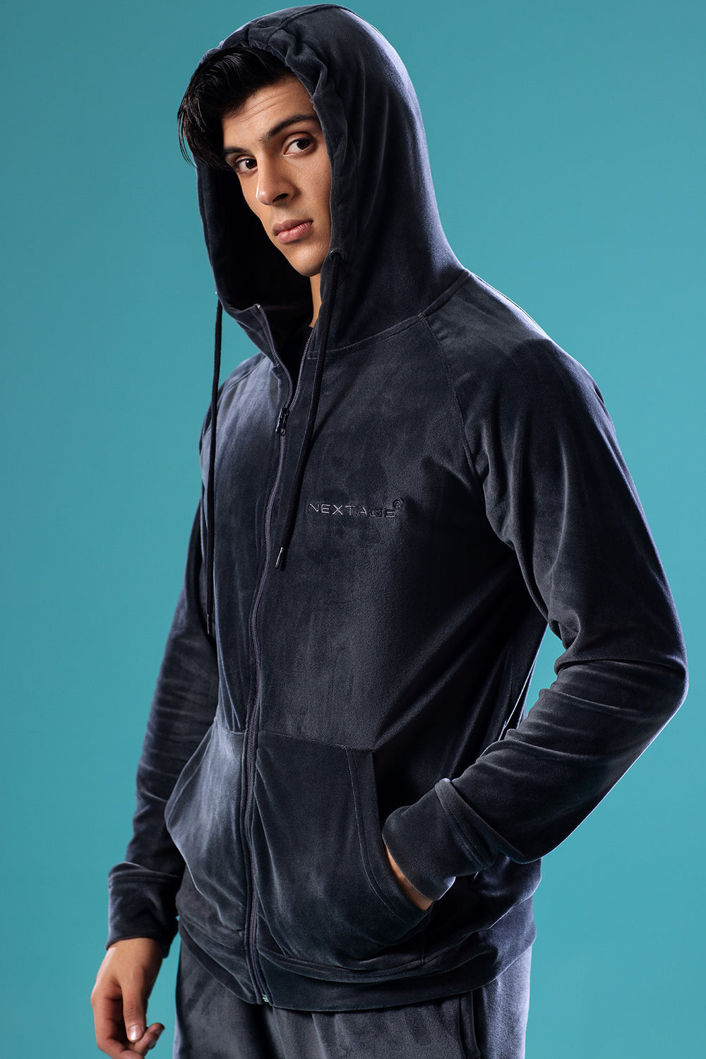 Steel Grey Nextage Slogan Velour Hoodie