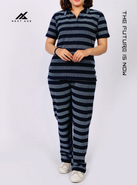 Knitted Stripe Collar Detail Shirt & Jogger - Tracksuit