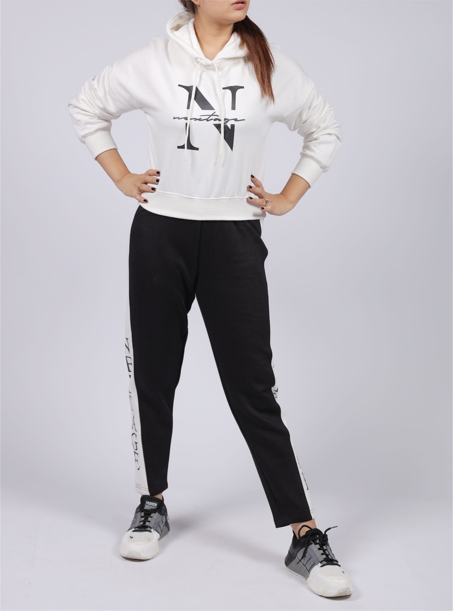 White Slogan Crop Hooded & Jogger Tracksuit, Women winter tracksuits in Pakistan,