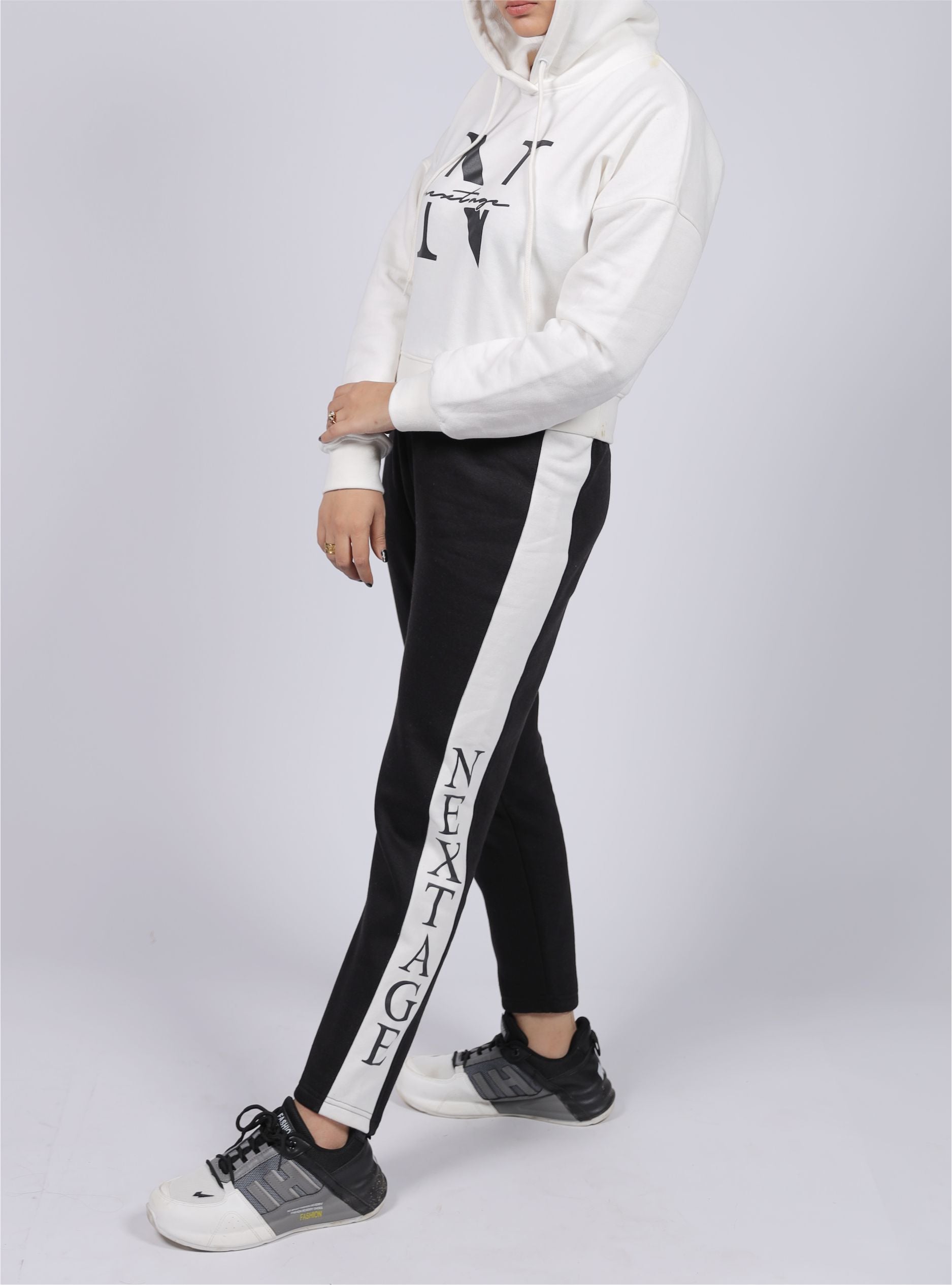 White Slogan Crop Hooded & Jogger Tracksuit - Women's Winter Tracksuits