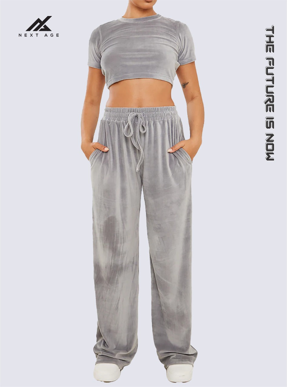 Grey Velour Cropped Tee & Wide Leg Jogger