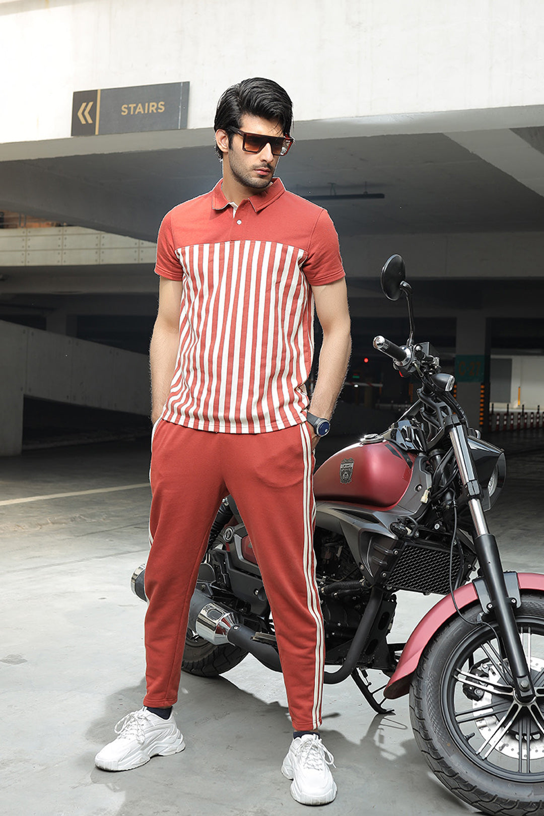 Brown Stripe polo tracksuit for men's in Pakistan, Men's clothing brand in pakistan,