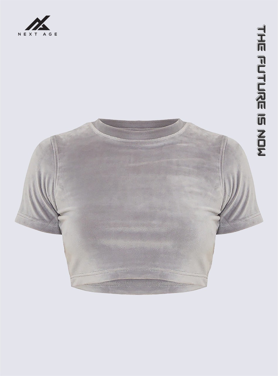 Grey Velour Cropped Tee & Wide Leg Jogger